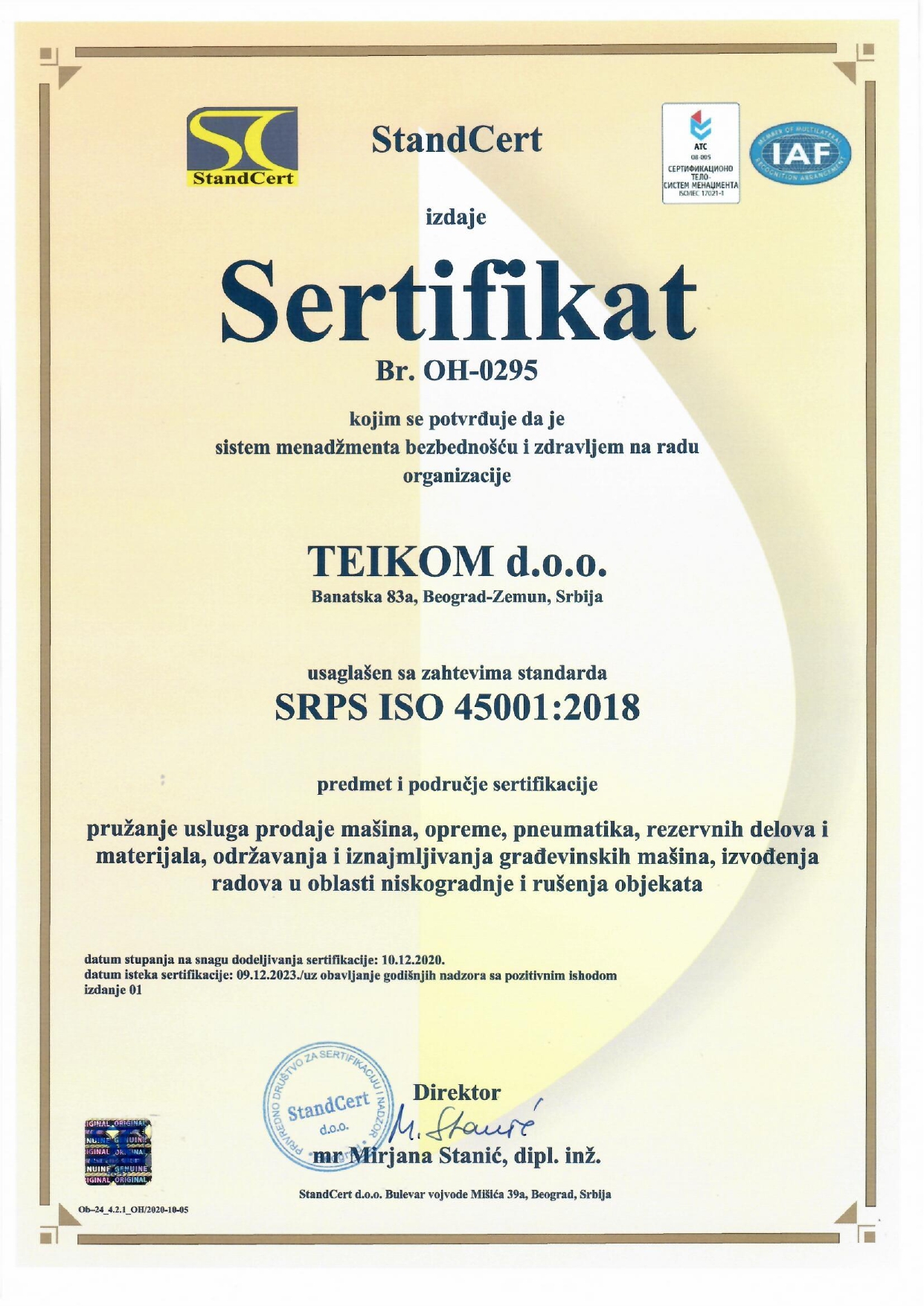 Certificate 45001